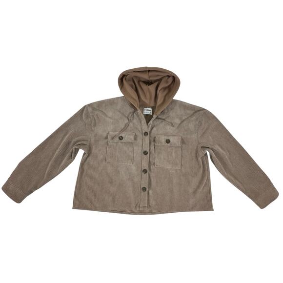 Ci Sono Cropped Jacket Hoodie Size Large Corduroy Taupe Light Brown Chest Pocket - Picture 5 of 7